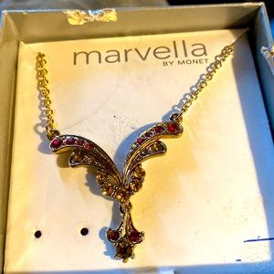 Marvella Red & Topaz Color Rhinestone Necklace By Monet